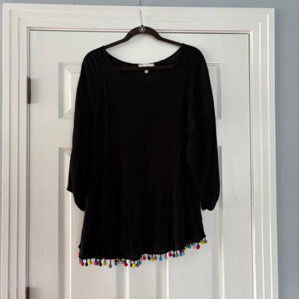 Anthropologie Eri + Ali Black Top Multi Colored Drop Waist Top Pom Pom Hem XL